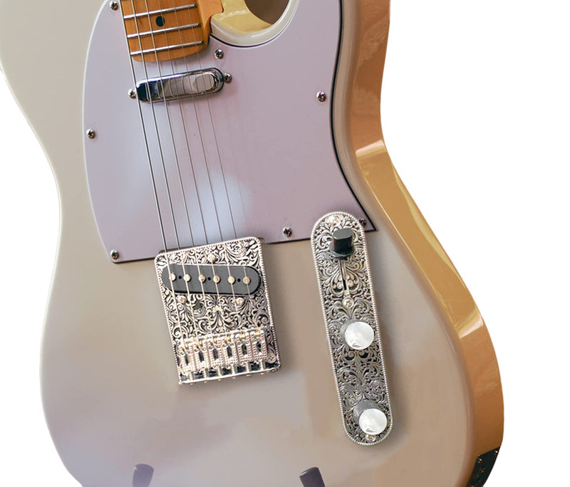 LAMSAM Telecaster Saddles Plate Loaded AlNiCo Bridge Neck Pickups Set, Tele Guitar Control Plate Pre-wired 3 Position Toggle Switch Tone Volume Pots, Knurled Control Knobs with Dome Pearloid Top black