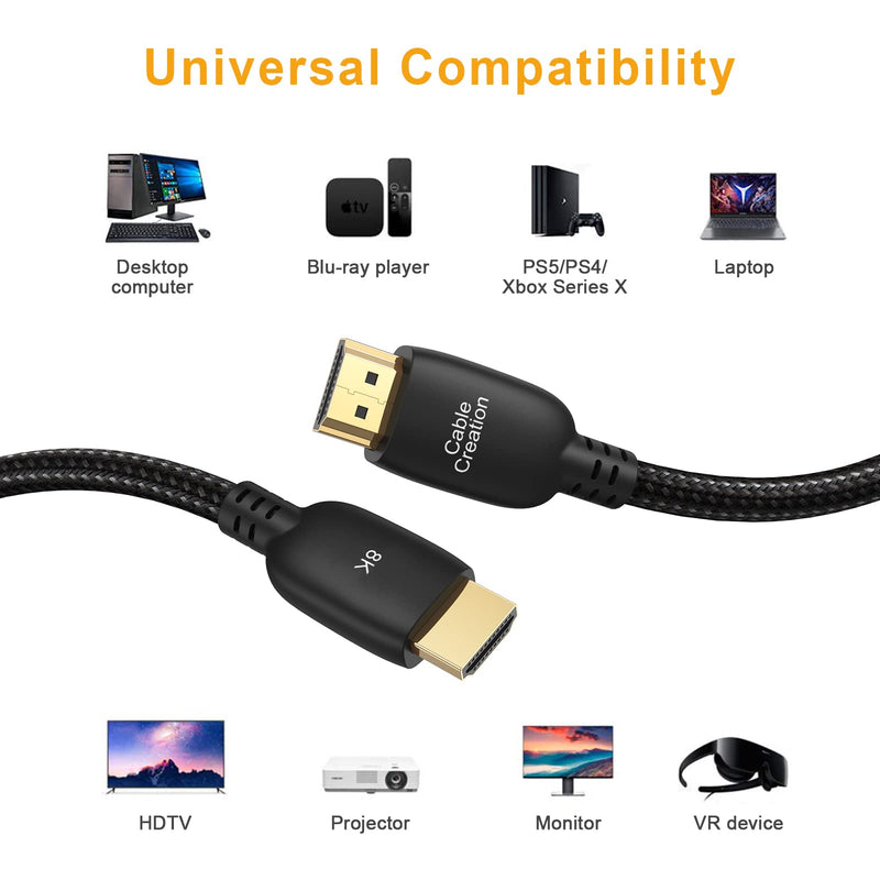CableCreation HDMI Cable 8K 6FT Braided, 8K Ultra High Speed HDMI Cable 48Gbps 8K 60 4K 120 144Hz eARC HDR for Gaming PS5 PS4 Xbox Series X Roku TV 6.6ft