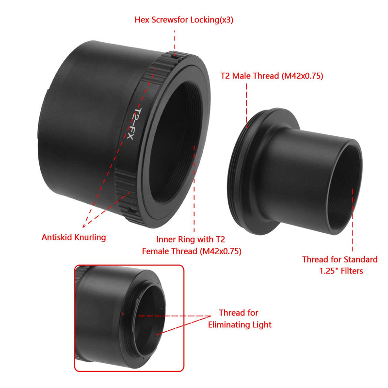 Alstar T T2 Lens to Fuji FX Mount Camera Adapter and M42 to 1.25" Telescope Adapter (T-Mount) - Universal Screw in for X-T1 X-A1 X-E2 X-M1 X-E1 X-PRO1