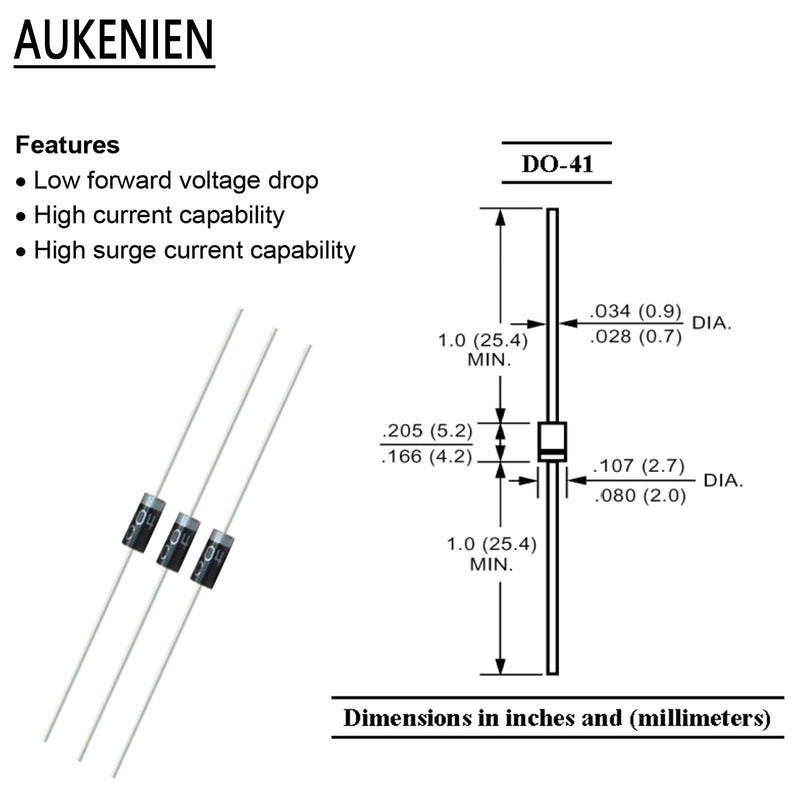 AUKENIEN 150Pcs 1N4004 Rectifier Diode 1A 400V DO-41 Axial 4004 1 Amp 400 Volt IN4004 Electronic Silicon Diodes 1N4004 (1A 400V) 150