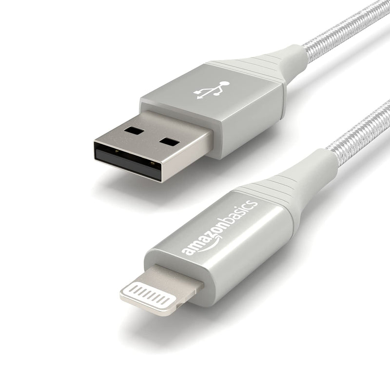 Amazon Basics Nylon USB-A to Lightning Cable Cord, MFi Certified Charger for Apple iPhone, iPad, 10,000 Bend Lifespan - Silver, 1-Ft 1 Foot 1-Pack