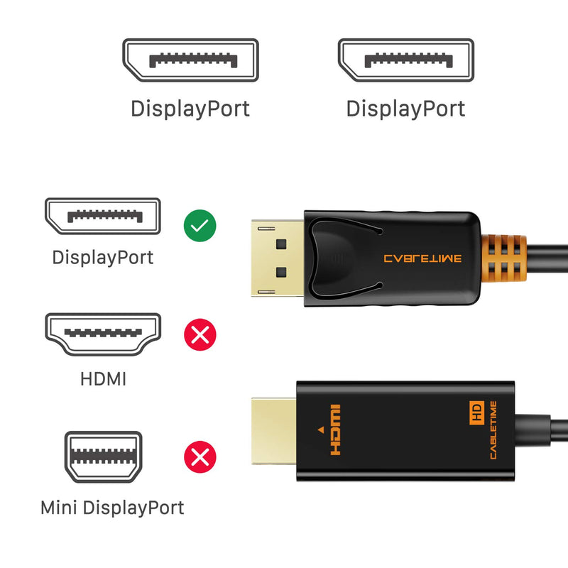 DisplayPort to HDMI Cable, CABLETIME 1080P 60Hz DP to HDMI Male to Male Cable Compatible for Lenovo Dell HP Display Port to HDMI Male Connector 10FT 10 Feet/3m