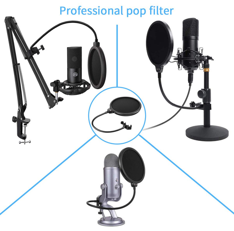 Haquno Microphone Pop Filter Swivel with Double Layer Sound Shield Guard Windscreen for Blue Yeti and Any Other Microphone Dual Layered