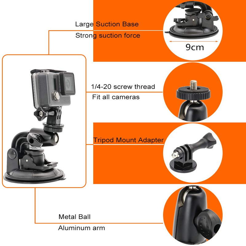 Camera Car Windshield Suction Cup Mount for GoPro, EXSHOW 360 Rotation Heavy Duty Window Holder with 1/4-20 Thread for GoPro Hero 10 9 8 7 6 5 4 SJCAM Canon g7x Vlogging DSLR and Other Action Camera