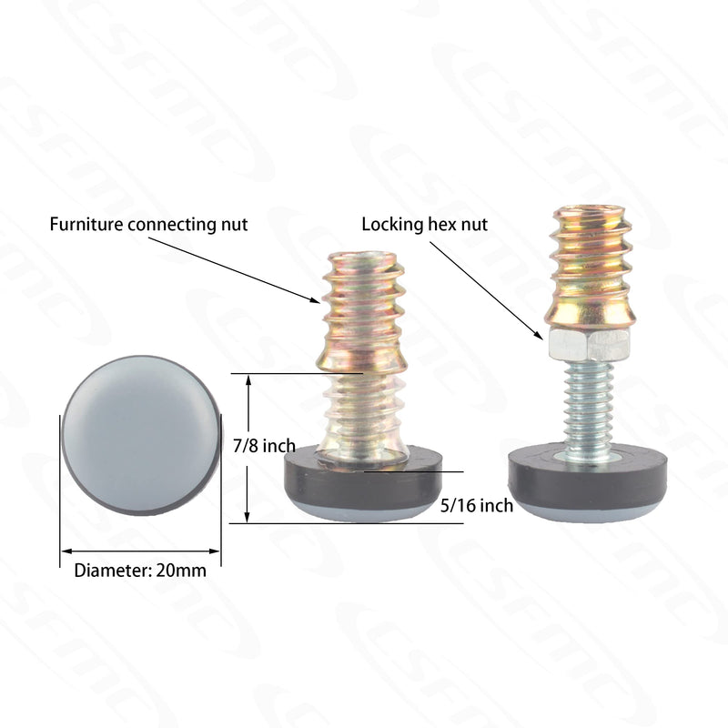 CSFMC Furniture Leveler PTFE(Teflon) Bottom(20mm Base 1/4-20,16 Pack),Threaded Shank Adjust Pads,Table/Chair/Cabinet/Sofa Medium Adjustable Legs Leveling,Nuts Installation and Floor Protection 20mm Base 1/4-20x1",16 Pack