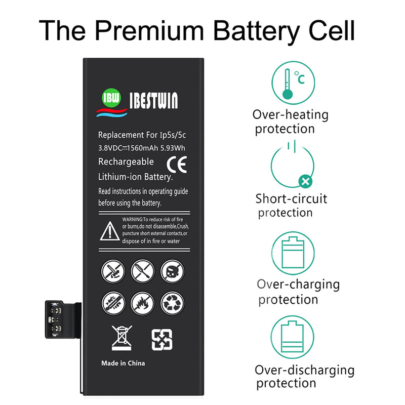 Battery for iPhone 5S 5C, IBESTWIN 1560mAh Replacement Battery for IP 5S 5C with Full Repair Tool Kit, 0 Cycle 3 Years Warranty