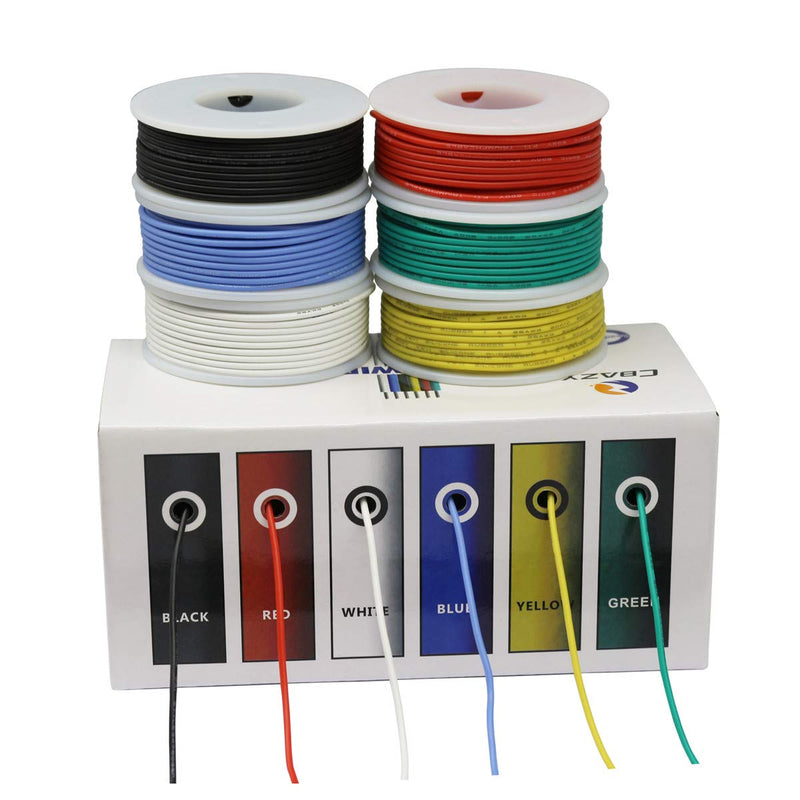CBAZY™ Hook up Wire Kit (Stranded Wire Kit) 18 Gauge Flexible Silicone Rubber Electric Wire 6 Colors 16.4 feet Each 18 AWG 18AWG D-(red+blue+green+yellow+white+black)