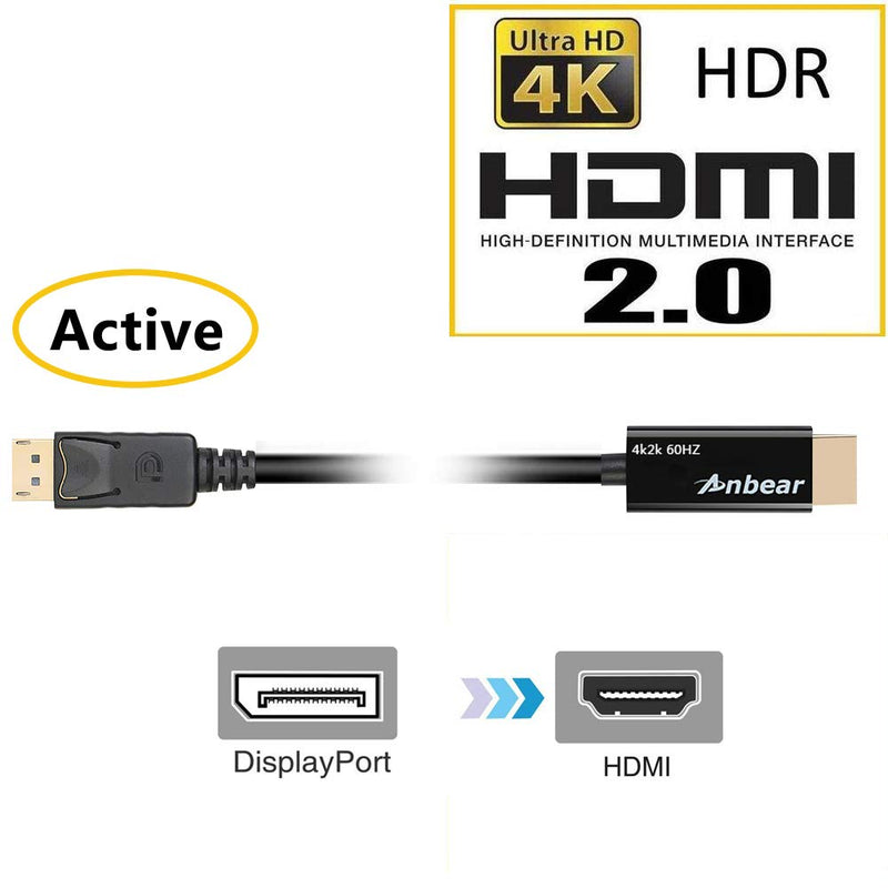 Active DisplayPort to HDMI Cable 4K 60Hz,Anbear DisplayPort to HDMI 2.0(Up to 4096x2160p UHD/ 1920x1080p Full HD@120HZ)&3D Audio&Video, Eyefinity Multi-Screen Support