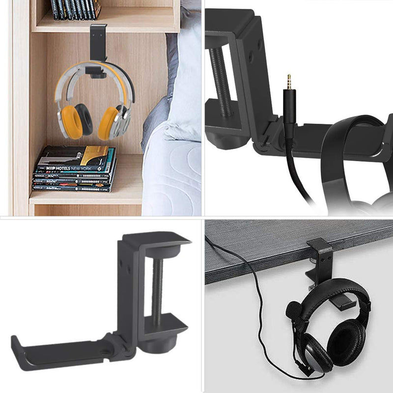 Vankcp Headphone Desk Mount Foldable Headphone Stand Holder Aluminum Headset Hanger Desk Hook Screwless Installation for All Headphone, Umbrellas, Bags,Multifunctional (Black) Black