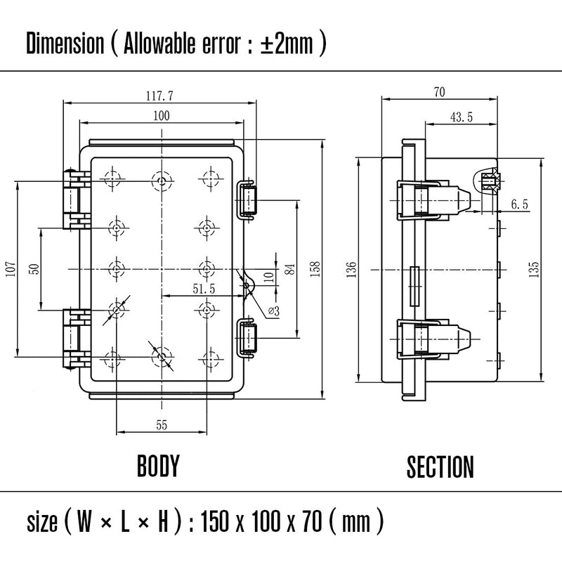 LeMotech ABS Junction Box Hinged Clear Cover Stainless Steel Latch IP67 Waterproof Enclosure with Mounting Plate Wall Bracket for Electrical Project 5.9x3.9x2.8 inch (150x100x70mm) 5.9"x3.9"x2.8" Clear Cover