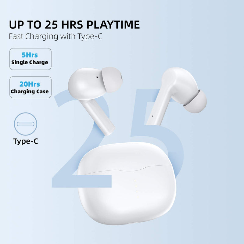 Wireless Headphones, GAMURRY Bluetooth 5.0 Wireless Earbuds with Fidelity Sound,Smart Touch Control, IP67 Waterproof, 25Hrs Playtime with Type-C Stereo in-Ear Earphones Built-in Mic for Sport White