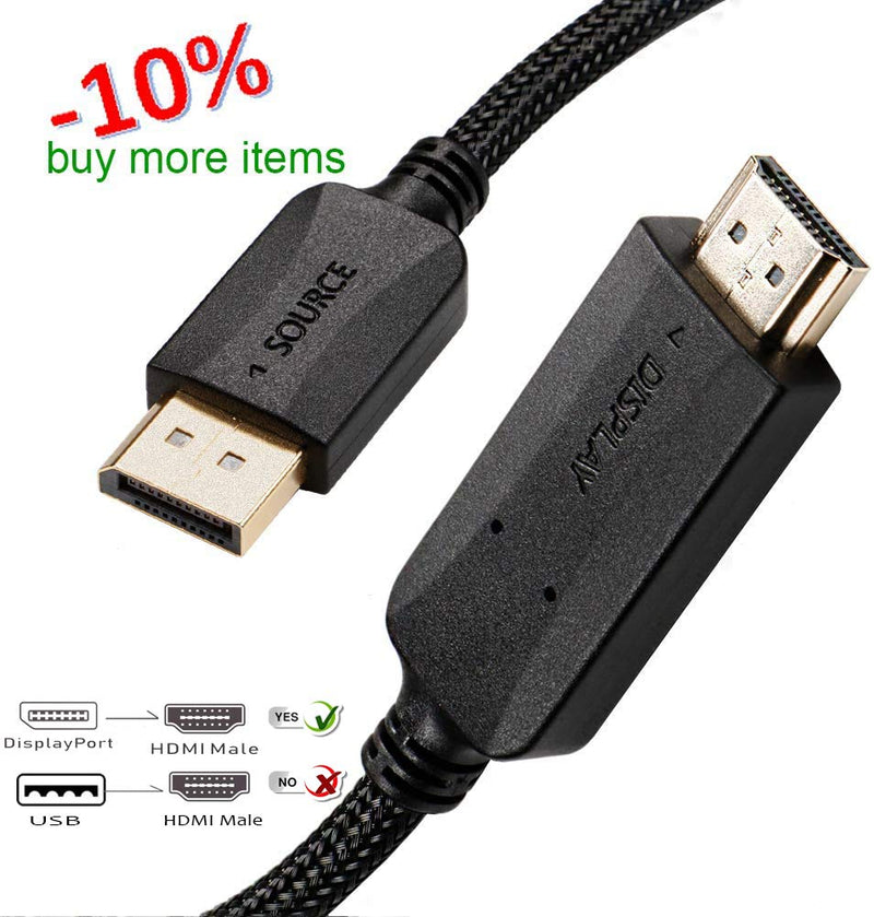 DisplayPort to HDMI Cable 6 ft, Unidirectional DP to HDMI Display Cable Adapter 6 feet Braided Male to Male Supports Video and Audio Supports Compatible All DP Port Computer Laptop