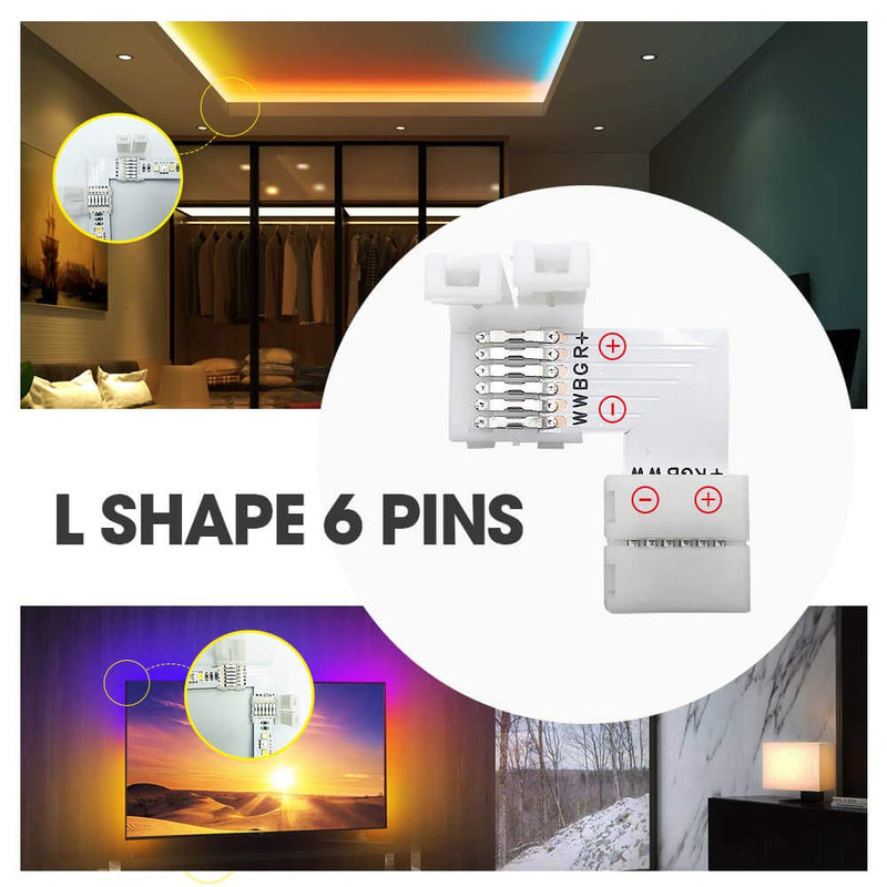 [AUSTRALIA] - GIDERWEL RGBWW 6 Pins LED Strip Connectors L Shape,6 Pack LED Strip Light 12mm Right Angle Corner Solderless Connector LED Connection for Philips Hue Lightstrip Plus/RGBCCT LED Strip 