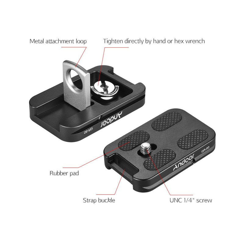 Andoer QR-60 Universal Quick Release Plate Aluminum Alloy 1/4" Screw Mount with Attachment Loop for Arca-Swiss Standard Ball Head Tripod for Canon Nikon Sony DSLR Camera