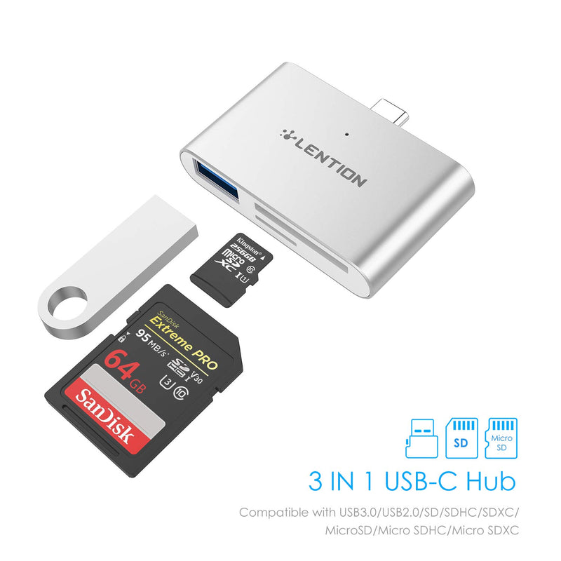 LENTION USB C to SD/Micro SD Card Reader with USB 3.0 Adapter Compatible 2020-2016 MacBook Pro, MacBook 12, New iPad Pro/Mac Air, New Surface, Chromebook, Phone/Tablet, More (CB-CS15, Silver)