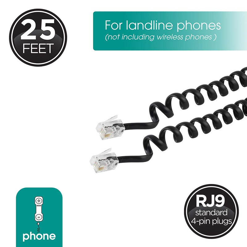 Power Gear Coiled Telephone Cord, 4 Feet Coiled, 25 Feet Uncoiled, Phone Cord works with All Corded Landline Phones, For Use in Home or Office, Black, 76139 1 Pack
