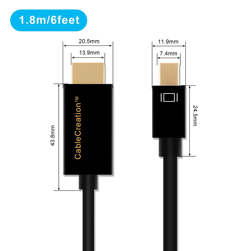 Active Mini DP to HDMI Cable (2-Pack), CableCreation 6 Feet Mini DisplayPort (DP1.2) to HDMI Adapter, 4K X 2K & 3D Audio/Video, Eyefinity Multi-Screen Support, 1.8 M/Black 6 FT(Active-2Pack) Black