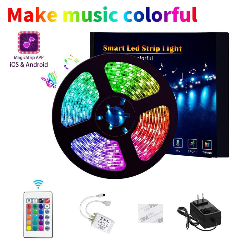 16.4Ft/5M LED Strip Lights, Timelux Smart LED Light Strips 12V Brighter 5050 LEDs LED Tape Light with LED Music Sync Color Changing 24 Keys IR Remote for TV Bedroom Kitchen Desk Parties