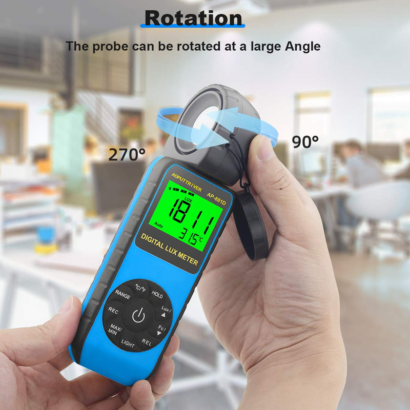 Light Meter AP-881D Digital Illuminance Meter Ambient Temperature Measurer with Range up to 400,000 Lux Luxmeter,Rotatable Head for 270 Degrees,Display 3999,Data Hold,Back Light (Blue) AP881D-Blue