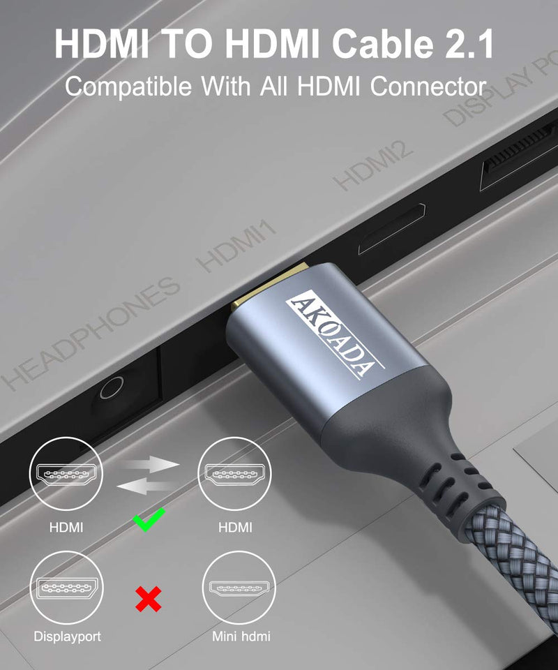 8K HDMI Cable 6.6 FT, AkoaDa 48Gbps Ultra High Speed HDMI 2.1 Cable 8K60 4K120 144Hz 7680P eARC HDR 10 HDCP 2.2 & 2.3,Compatible with Dolby Vision，Xbox One Series X，PS4，PS5，Apple TV ，Switch，Vizio，Sony 6.6ft Grey