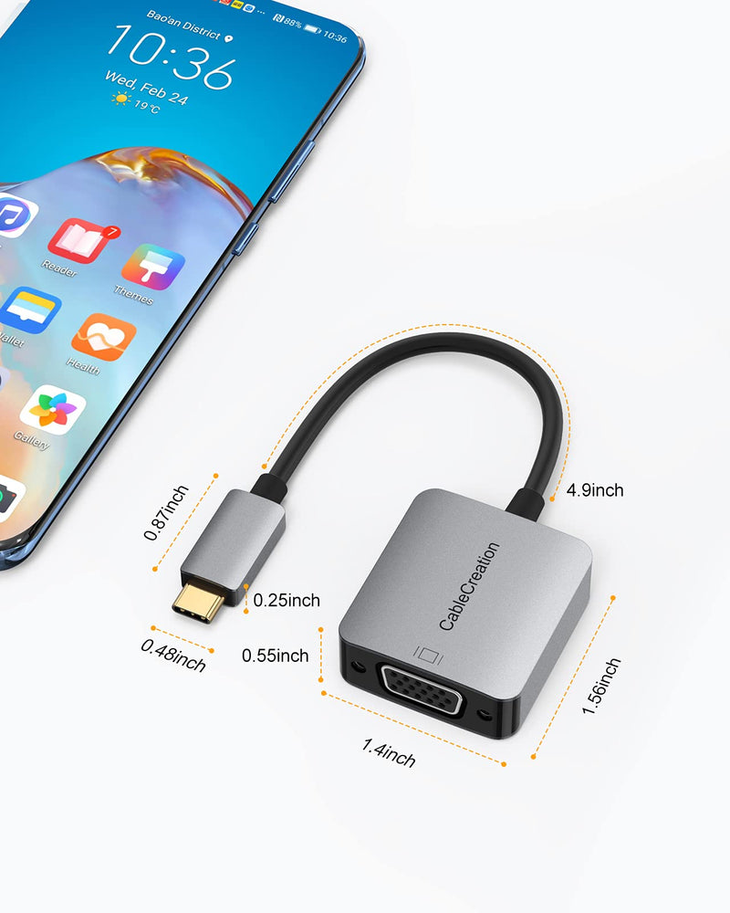 USB C to VGA Adapter, CableCreation Type C to VGA 1080P@60Hz Dongle, Compatible with MacBook Pro 2020, iPad Pro 2020, Surface Book 2, Chromebook Pixel, XPS 15, Calaxy S20 S10, LG G5 Aluminum Gray 1PACK
