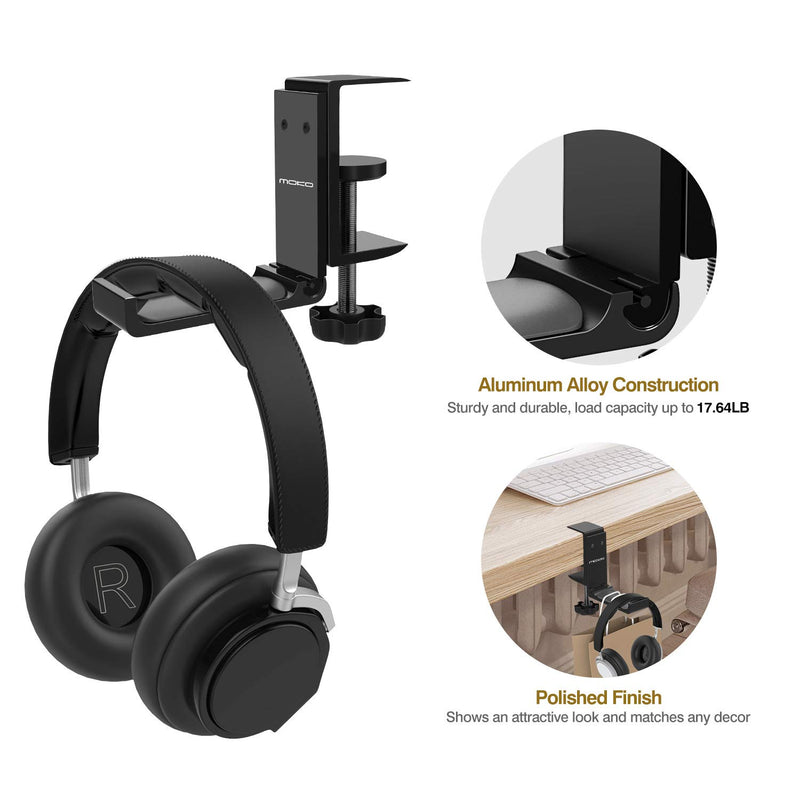 MoKo Headphone Stand, Universal Aluminum Headphone Foldable Hanger Adjustable Headset Stand Clamp Mount Desk Hook Holder for All Headphone Sizes, Sennheiser, Audio-Technica, PS5 Gaming Headset- Black