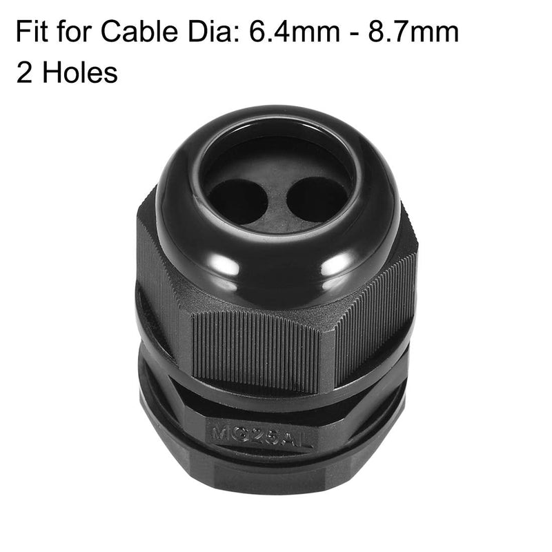 uxcell M25 Cable Gland 2 Holes Waterproof IP68 Nylon Joint Adjustable Locknut for 6.4-8.7mm Dia Wire Black