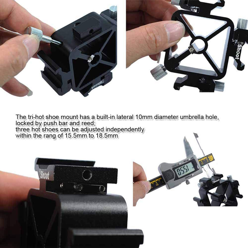 Universal 3-in-1 Tri-Hot Shoe Mount Flash Bracket Holder with 2 Umbrella Hole for Light Stand Camera Tripod Reflective Umbrella Studio Flash Soft Box Speedlite Diffuser