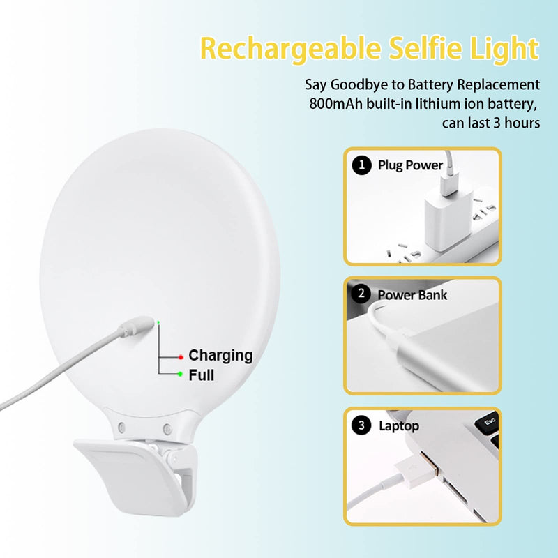 Selfie Ring Light, Clip on Ring Light Touch Control, Rechargeable 800mAh 60 LED Circle Light with 3 Light Modes for iPhone/Android Smart Phone Laptop Photography, Camera Video Recording, Vlog, TikTok 800mAh 60LED