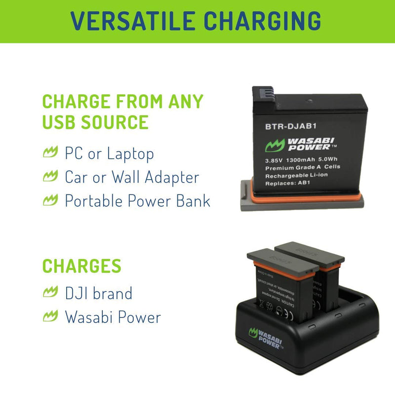 Wasabi Power Battery (2-Pack) and Triple USB Charger for DJI AB1 and DJI OSMO Action Camera