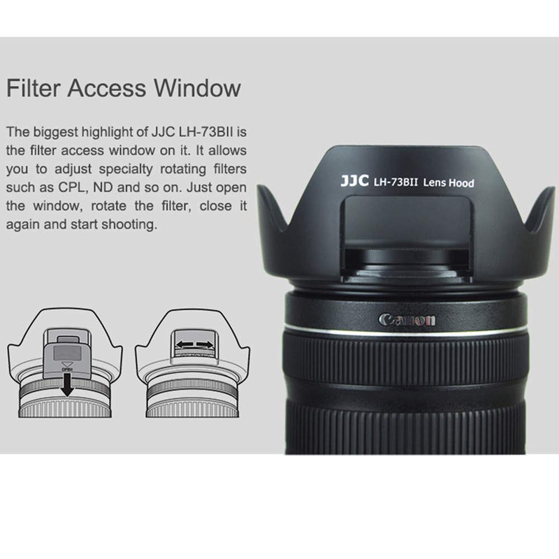JJC Reversible Lens Hood Shade with ND CPL Filter Adjustment Window for Canon EF-S 18-135mm F3.5-5.6 IS STM & Canon EF-S 17-85mm F4-5.6 IS USM SLR Lens on EOS 70D Rebel T7i T6s T6i T5i replaces EW-73B