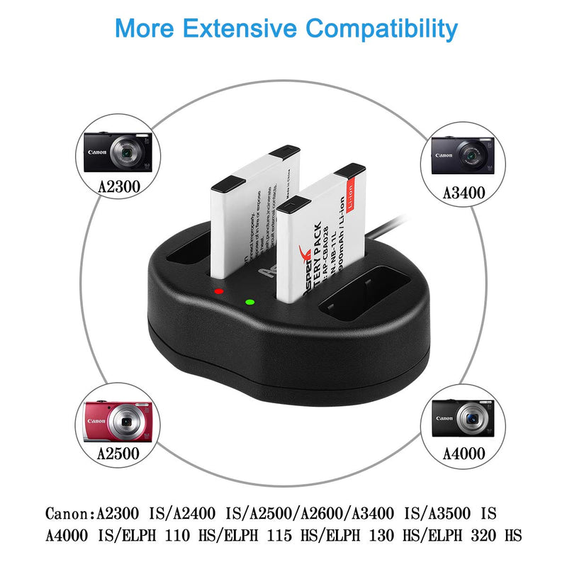 Asperx NB-11L, NB-11LH Battery (2 Pack) and Charger Set for Canon PowerShot Elph 110, Elph 180, Elph 190 is, Elph 350 HS, Elph 360 HS, A2400 is, A2600 is, A3400 is, A4000 is, SX400 is, SX420 is