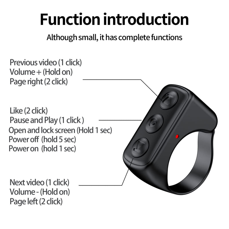 TIK Tok Bluetooth Remote Control Page Turner for iPhone Android Ipad Cell Phone Camera Remote Shutter Selfie Button Vekesen D01 Obsidian Black