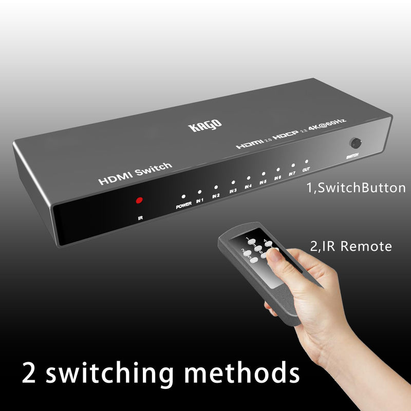 KAGO Hdmi Switch 7 in 1 Out - 4K HDMI Selector Box with Remote,18Gbps HDMI 2.0 HDR HDCP 3D,Support 4K@60Hz 2160p 1080p Premium Quality Auto Switcher Hub for PS4/5 Xbox Apple TV, Nintendo(Tech Grey) 7 p