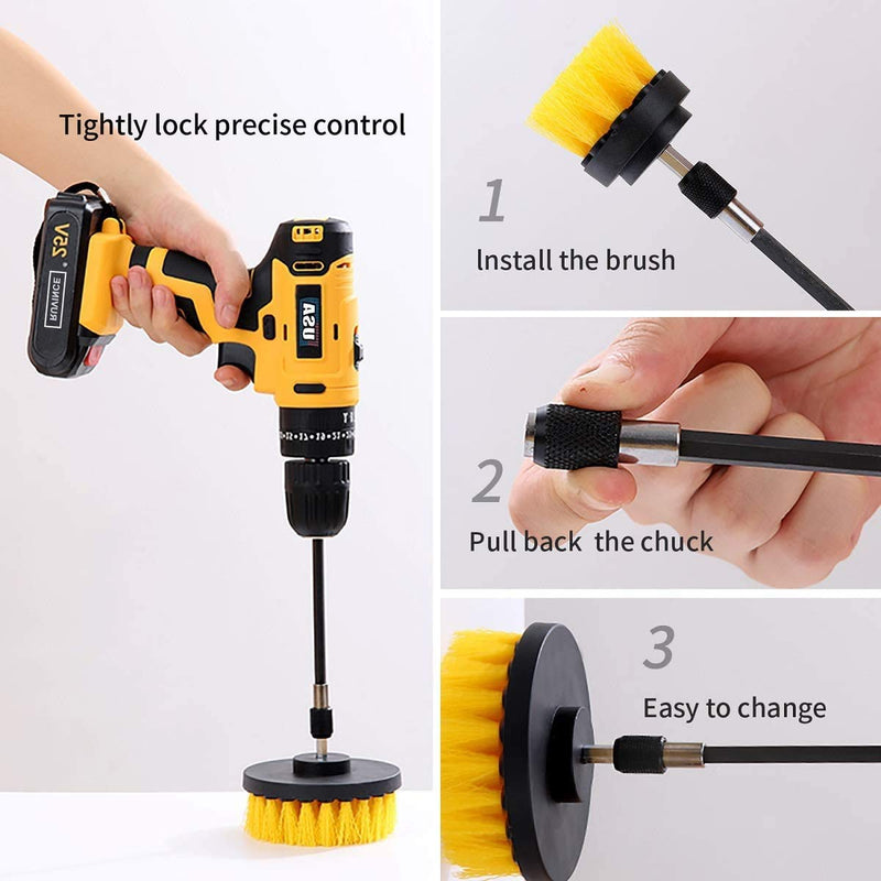 YIHATA 4 Pack Drill Brush Attachments Set, Multi-Purpose Power Scrubber Cleaning Brush Cleaning Brush Extended Long Attachment Kit, for Grout, Floor, Tub, Shower, Tile, Bathroom and Kitchen Surface