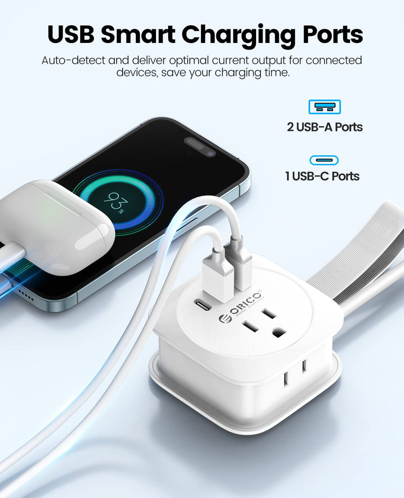 ORICO Travel Power Strip with USB C Ports, Extension Cord Flat Plug 3 USB Ports 2 Outlets 3.7 Ft Wrapped Around, Compact and Portable Travel Essentials Cruise Ship Accessories Must Haves, White 1 USB-C 2 USB-A | 2 Outlets | White