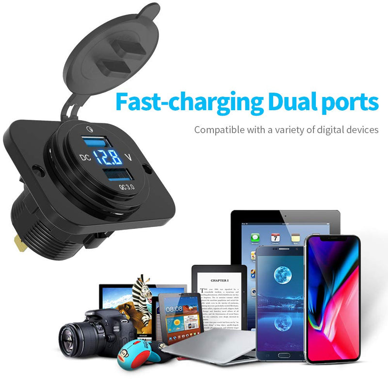 MICTUNING Dual USB Charger Socket 2.1A & 2.1A Power Outlet with Digital Voltmeter Blue LED Light 12-24V for Car Boat Marine Mobile