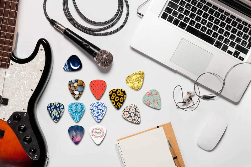 12 guitar picks, 0.71mm thick, with a small guitar bag a variety of different styles to choose(plant flowers） Color02