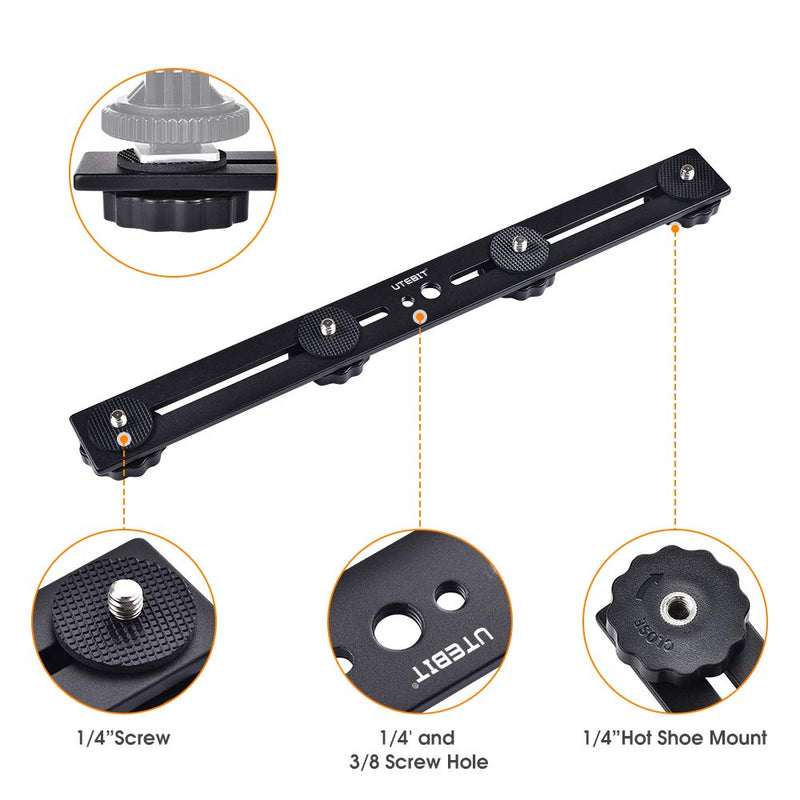 UTEBIT Flash Light Bracket 12in Upgraded Straight Speedlite Extension Mount Bar with 1/4 Screw Hot Shoe Tripod DSLR Holder for LED Light Microphone Black