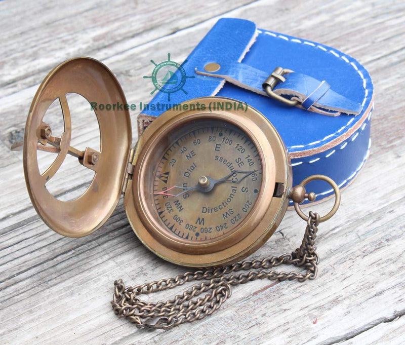 Roorkee Instruments India Sundial Compass with Leather Case/Gift for Him/Gift for Husband/Steampunk Accessories/Sundial Clock