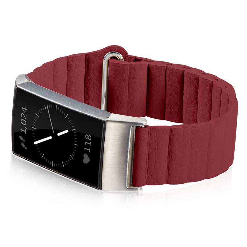 SHANGPULE Compatible for Fitbit Charge 4 / Fitbit Charge 3 / Fitbit Charge 3 SE Bands, Genuine Leather Loop Band with Unique Magnetic Replacement Wristbands Strap for Women Men Small Large (Red) Red