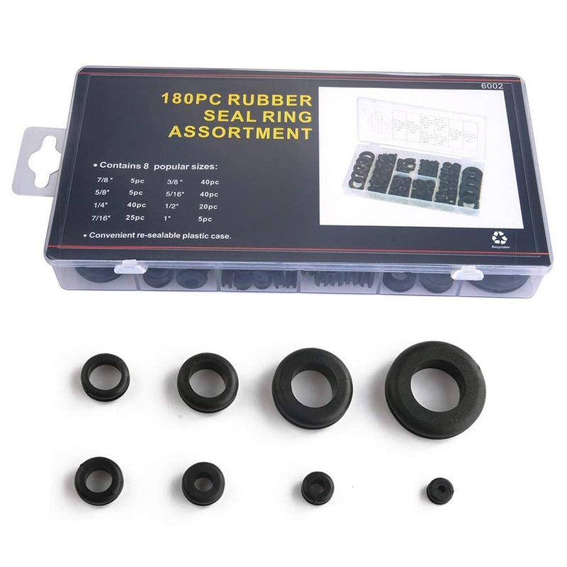 KEWAYO Rubber O-Grommets Set 180pcs Rubber O-Grommets 8 Different Sizes Black Rubber O-Rings Ideal for Cars, Wires, Plumbing, Electrical, Computers with Storage Box.