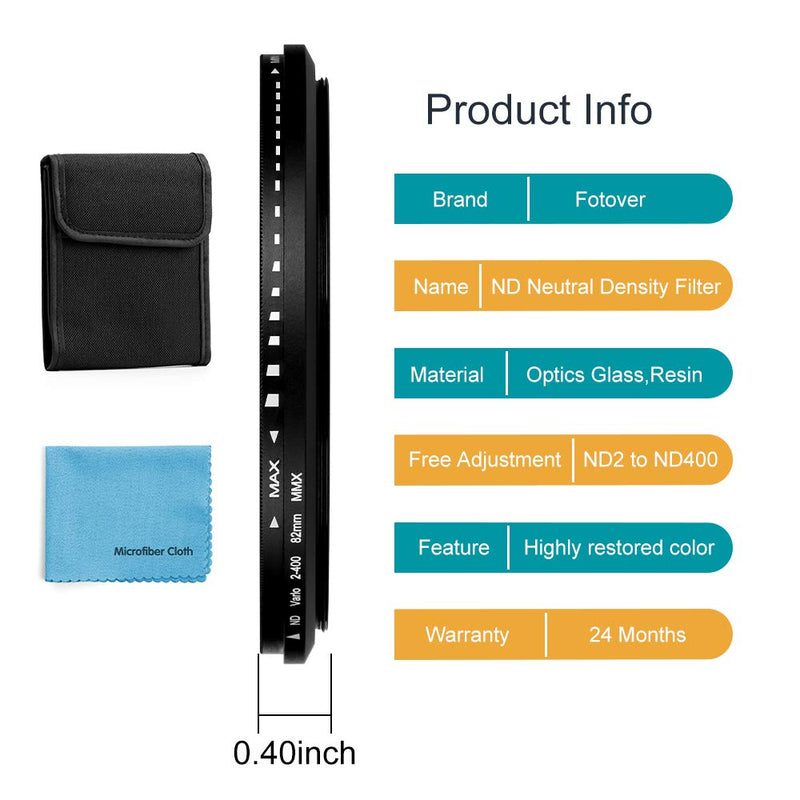 40.5mm ND Filter Slim Variable ND Neutral Density Filter Adjustable ND Fader ND2-ND400 Lens Filter for Canon Nikon Sony Pentax Olympus Fuji DSLR Camera 40.5mm
