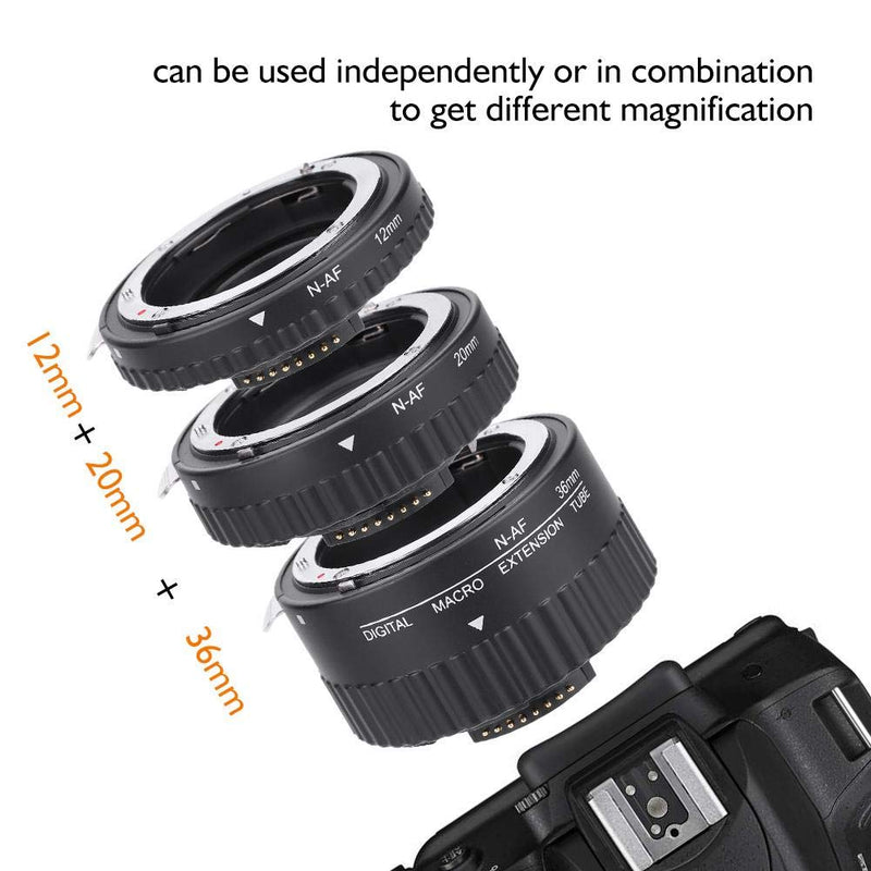 Acouto Macro Lens Adapter Ring Set Auto Focusing Macro Extension Lens Tube 12mm+20mm+36mm for Nikon F Mount DSLR(B) B