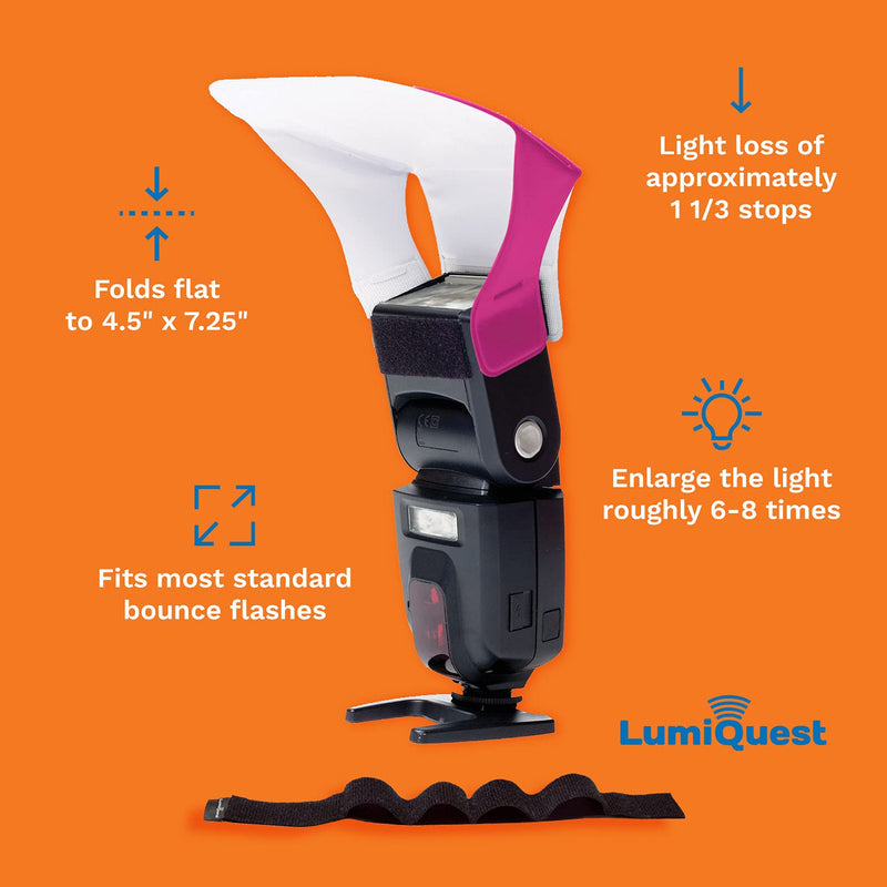LumiQuest Flash Pocket Bouncer,  Flash Diffuser with UltraStrap, Universal Classic Design for External Camera Flashes, Photography Lighting, Light for Pictures, Studio Lights, Neon Pink