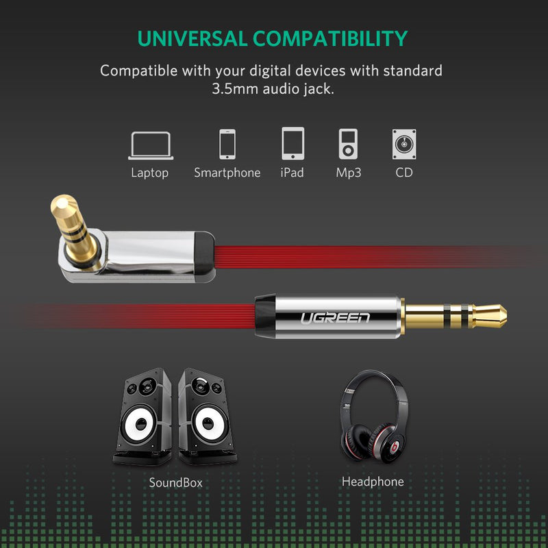 UGREEN 3.5mm Audio Cable, Stereo Aux Jack to Jack Cable 90 Degree Right Angle Auxiliary Cord Compatible for Beats, iPhone, iPod, iPad, Tablets, Speakers, 24K Gold Plated Male to Male Red (1.5FT) 1.5ft
