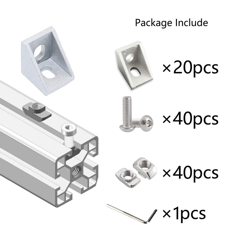 20 Sets Aluminum Profile Connector Set,20pcs Corner Bracket, 40pcs T Nuts and Hex Socket Cap Screws for 6mm Slot 2020 Series Aluminum Extrusion Accessories 1720-20Set with Nut Screw