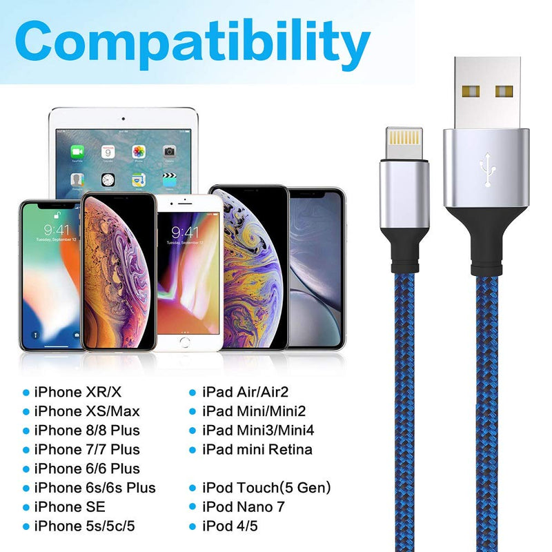 [Apple MFi Certified] iPhone Charger, 2 Pack 6 FeeT Extra Long Nylon Braided USB A to Lightning Cable Fast Charging & Syncing Cord Compatible with iPhone 12/Max/11Pro/11/XS/Max/XR/X/8/8P/7 - Blue