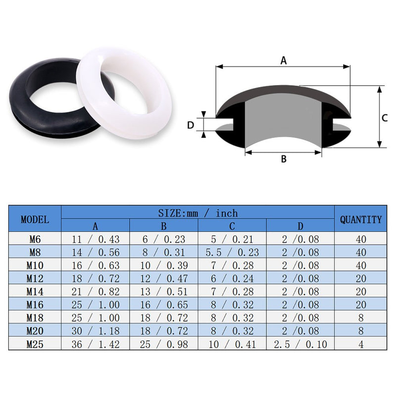 Glarks 200Pcs 9 Sizes Black/White Round Rubber Grommet Assortment Kit Electrical Wiring Coil Gasket for Plugs Cables Wires