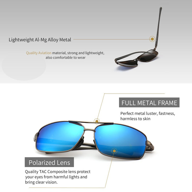 SUNGAIT Ultra Lightweight Rectangular Polarized Sunglasses UV400 Protection Gunmetal Frame/Blue Mirror Lens